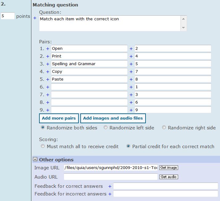 create matching question in Quia